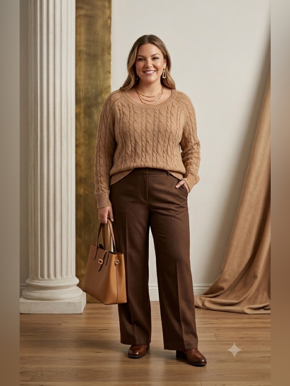 Lands' End Drifter Cable Knit Sweater 100% Cotton Camel Tan - Size 1X